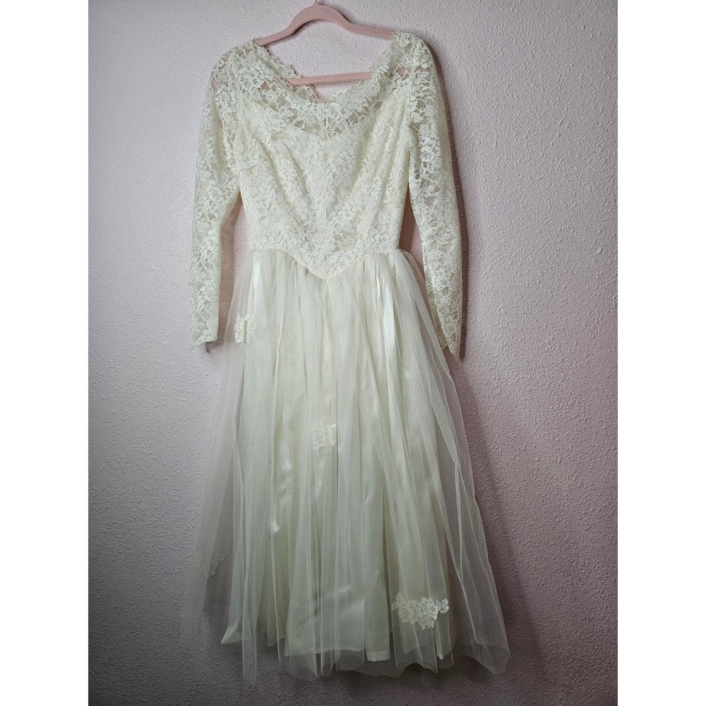 Vintage Lace Tulle Wedding Dress Ivory Long Sleeve Basque Waist Midi Tea Length